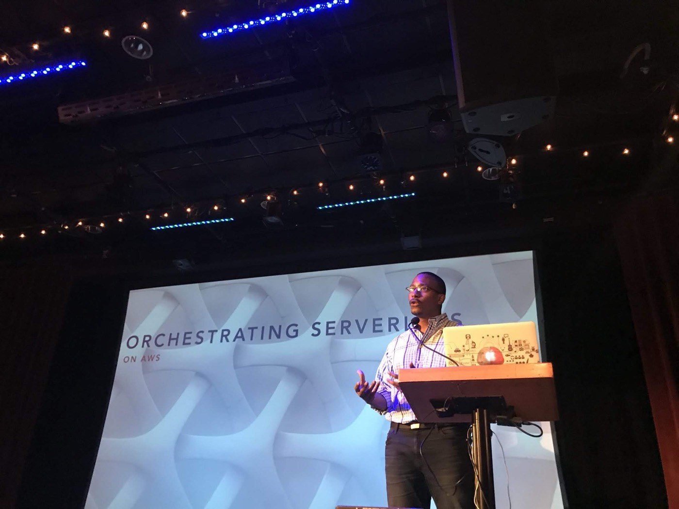 Johnny presenting Orchestrating Serverless on AWS